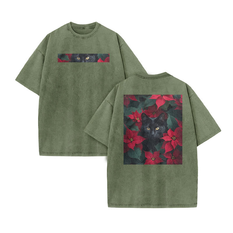 A Black Cat In A Field Of Christmas Flowers Print Acid Washed T-shirt