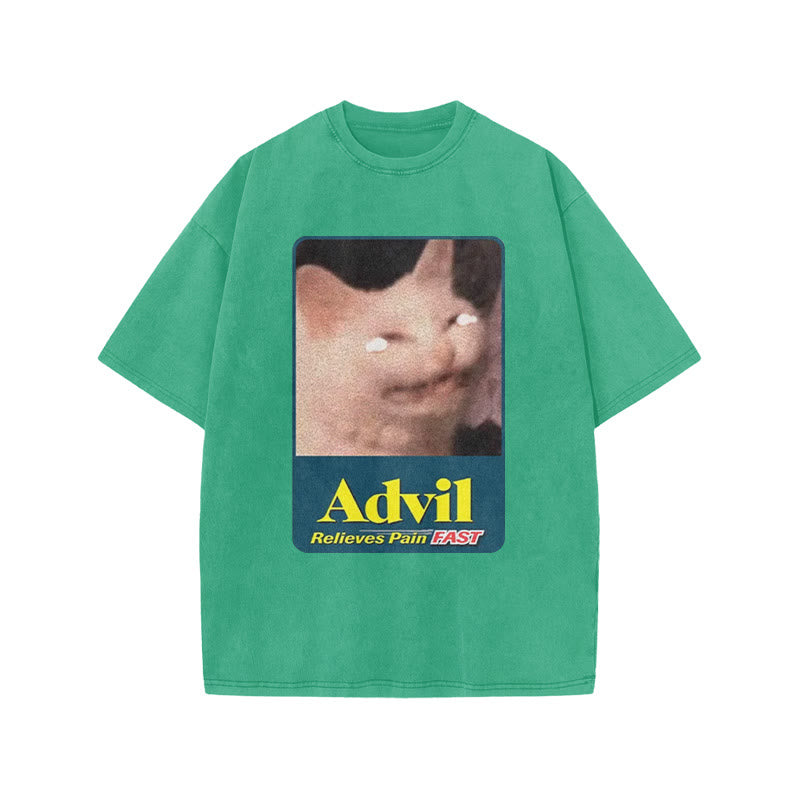 Relieves Pain Fast Crying Cat Funny Print Acid Washed T-shirt