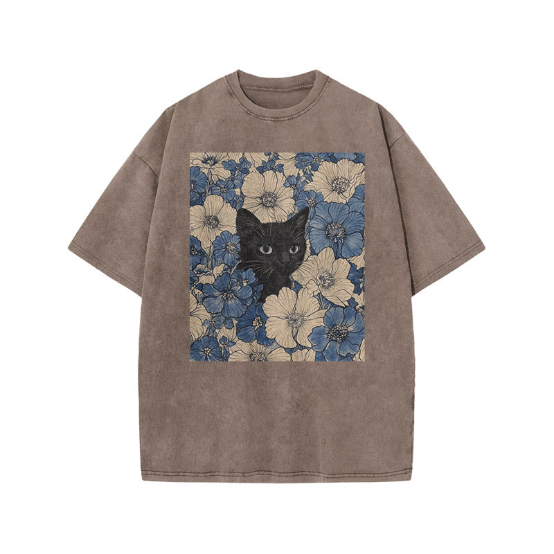 Black Cat In A Patchwork Flower Field Front Print Acid Washed T-shirt