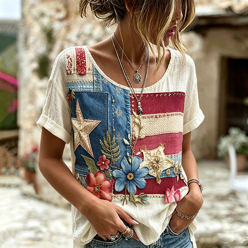 Women's Vintage Floral Patchwork Art Print Linen Blend T-shirt