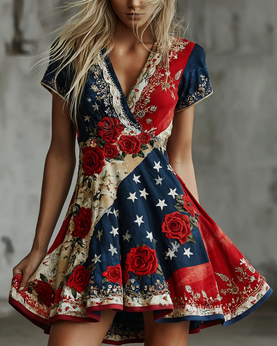 Women's Vintage Floral Flag Art Print Mini Dress