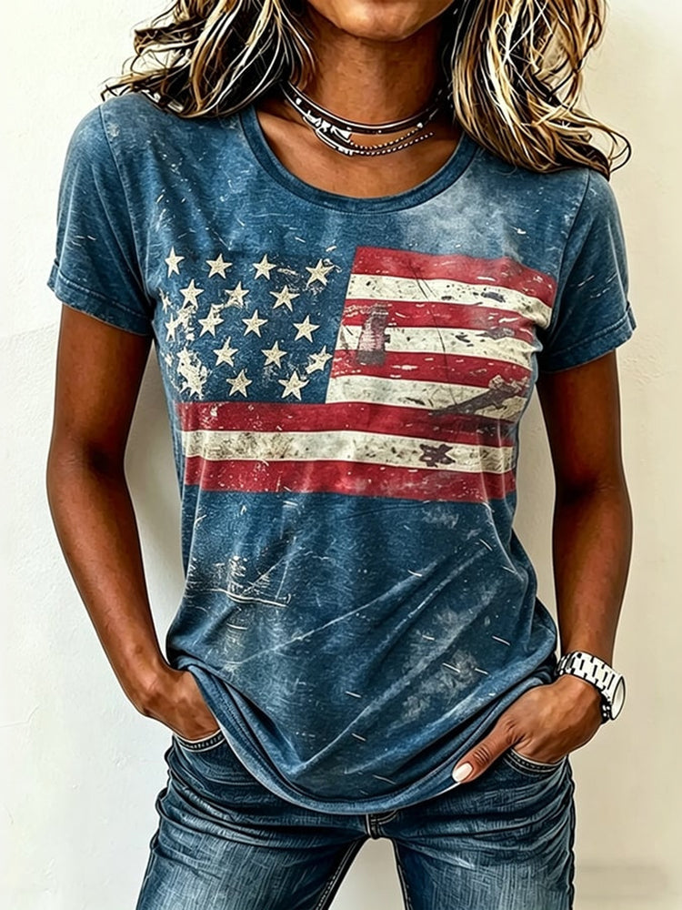 Women's Vintage Independence Day Flag Print Casual T-shirt