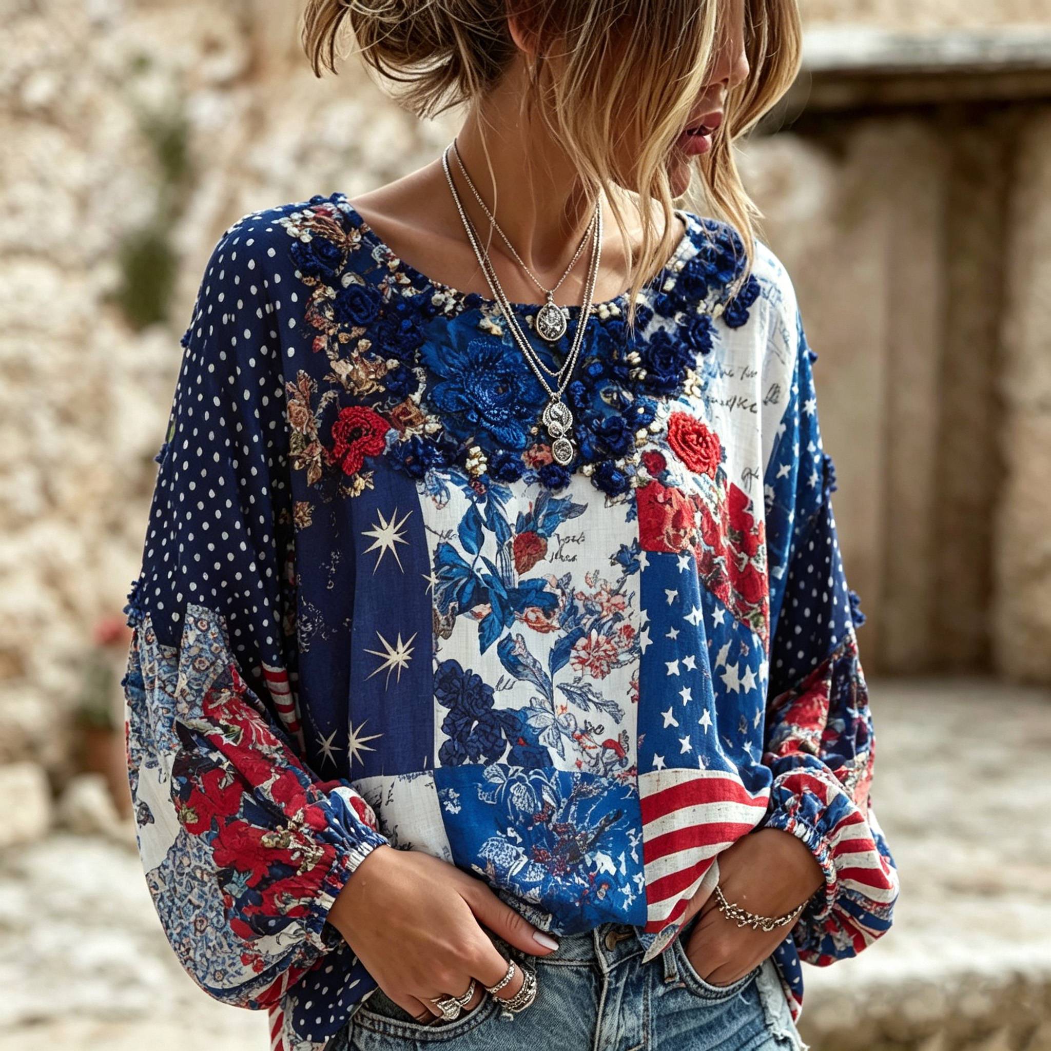 Women's Retro American Flag Rose Floral Patchwork Art Comfortable Cotton Linen Long-sleeved Top