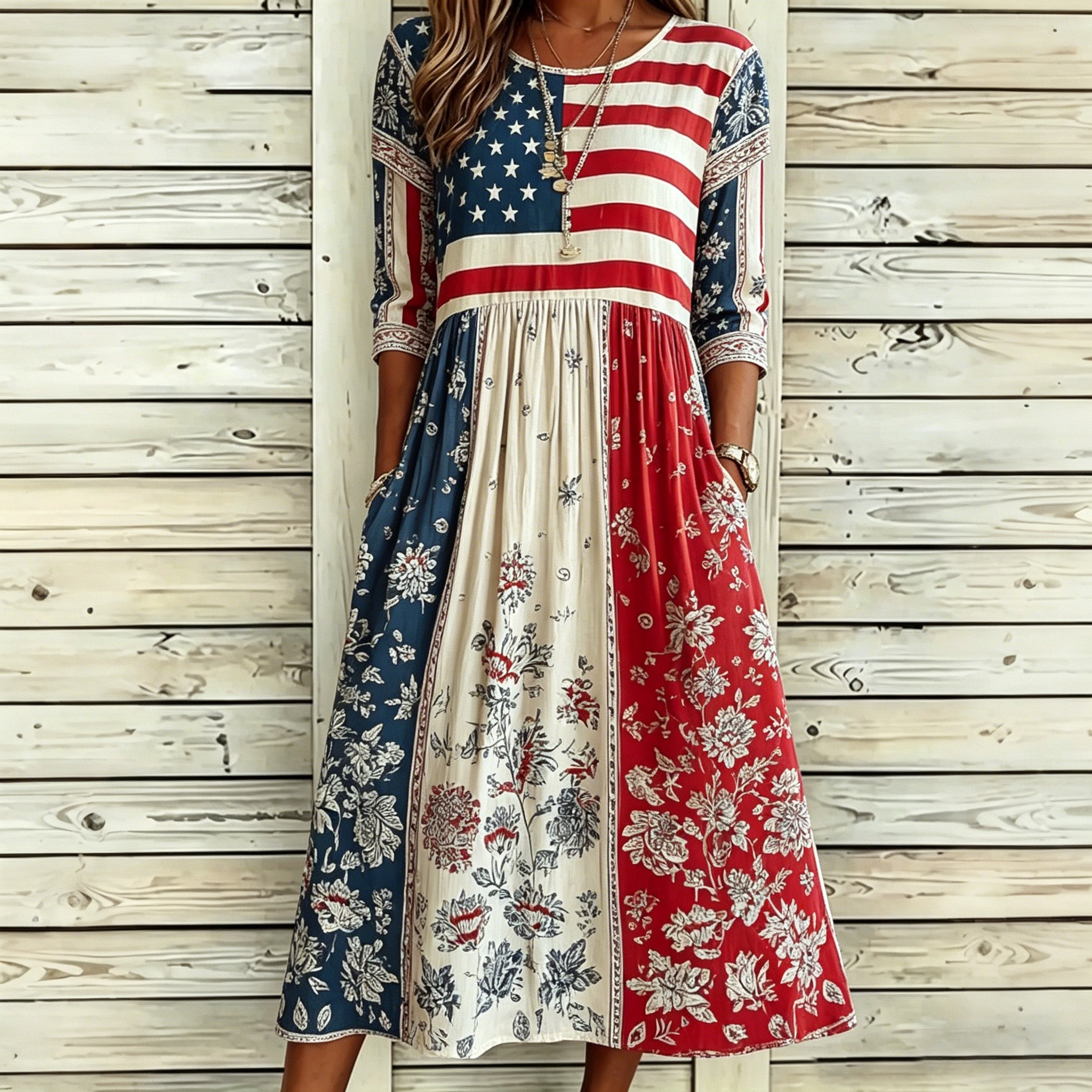 Women's Independence Day Flag And Floral Art Print Cotton Linen Casual Maxi Dress