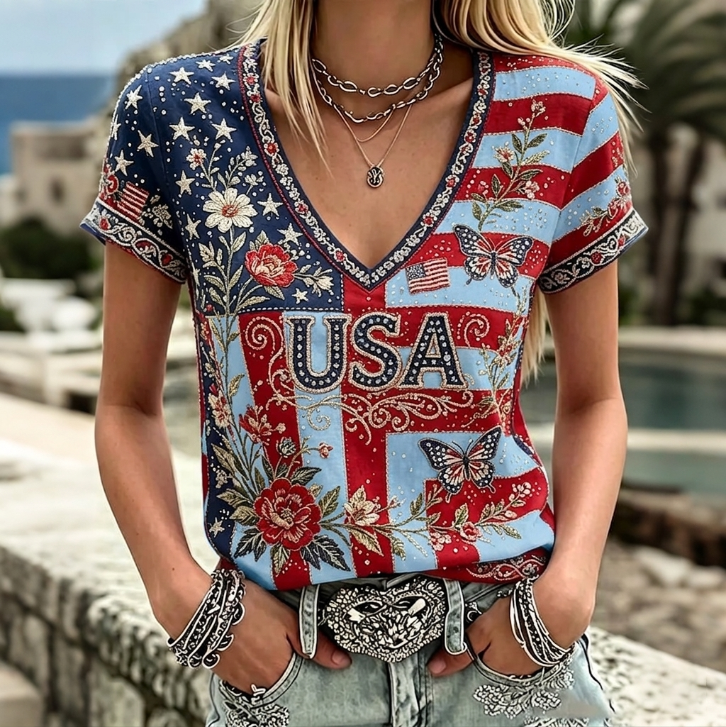 Women's Vintage Anniversary Flag Flower Art Print V Neck Linen Blend T-shirt