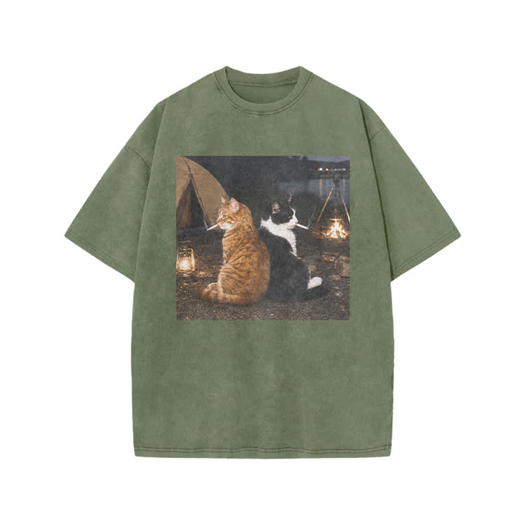 Vintage Camping Cats Graphic Print Acid Washed T-shirt