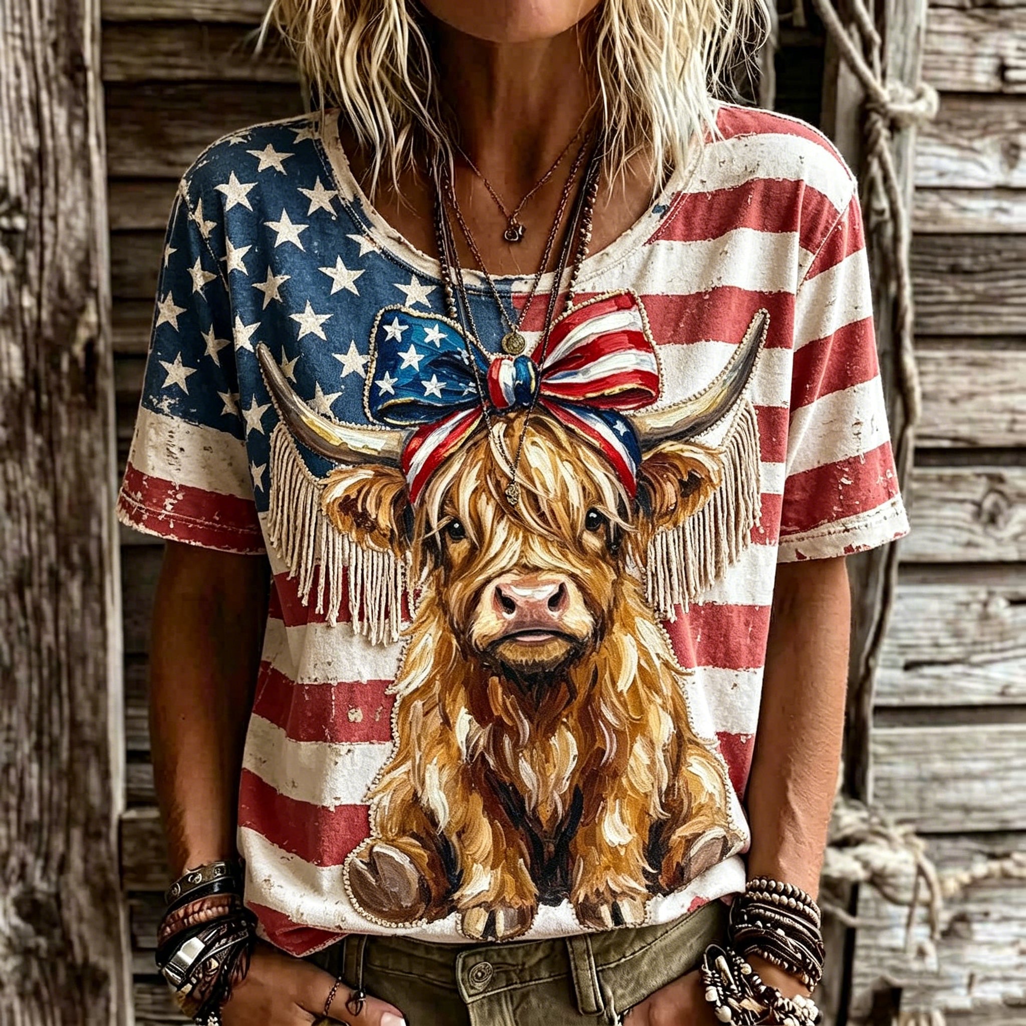 Women's Retro Independence Day Flag Highland Bull Patchwork T-shirt