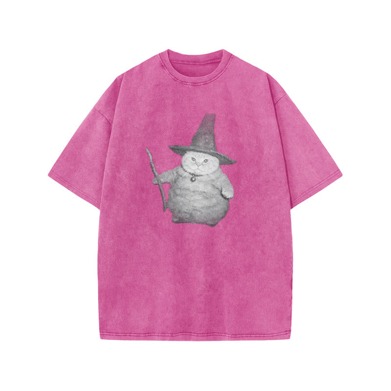 Unisex Wizard Cat Print Acid Washed T-shirt