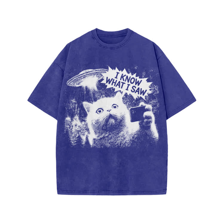 Sci Fi UFO Cat Graphic Washed T-Shirt