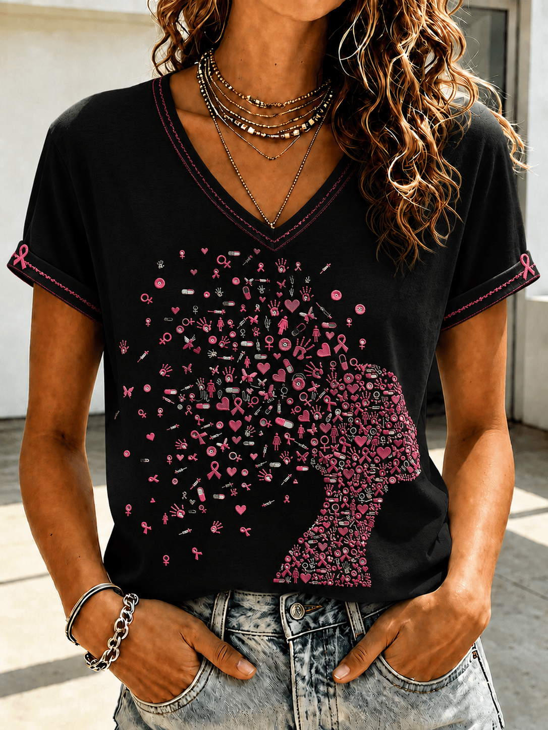 Women's Casual Retro  Floral Print Top (Breast Cancer Awareness)