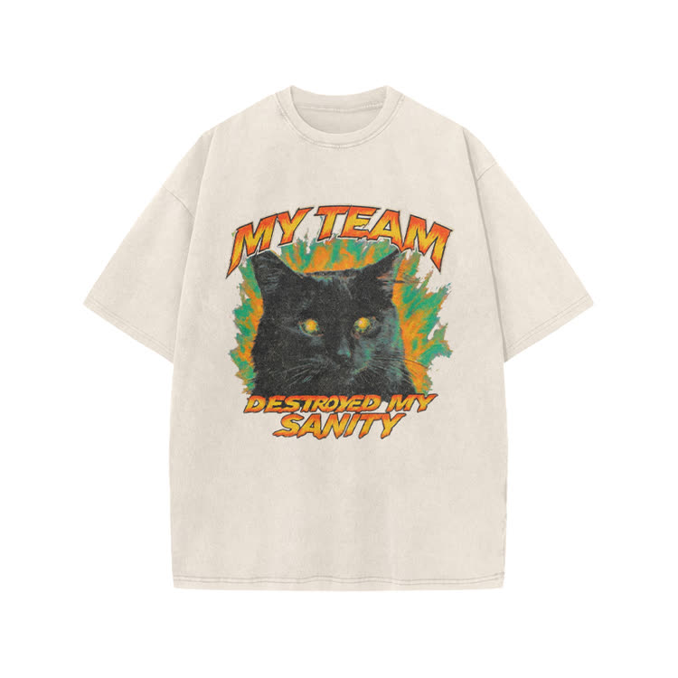 My Team Destroyed My Sanity Black Cat Graphic Print Acid Washed T-shirt