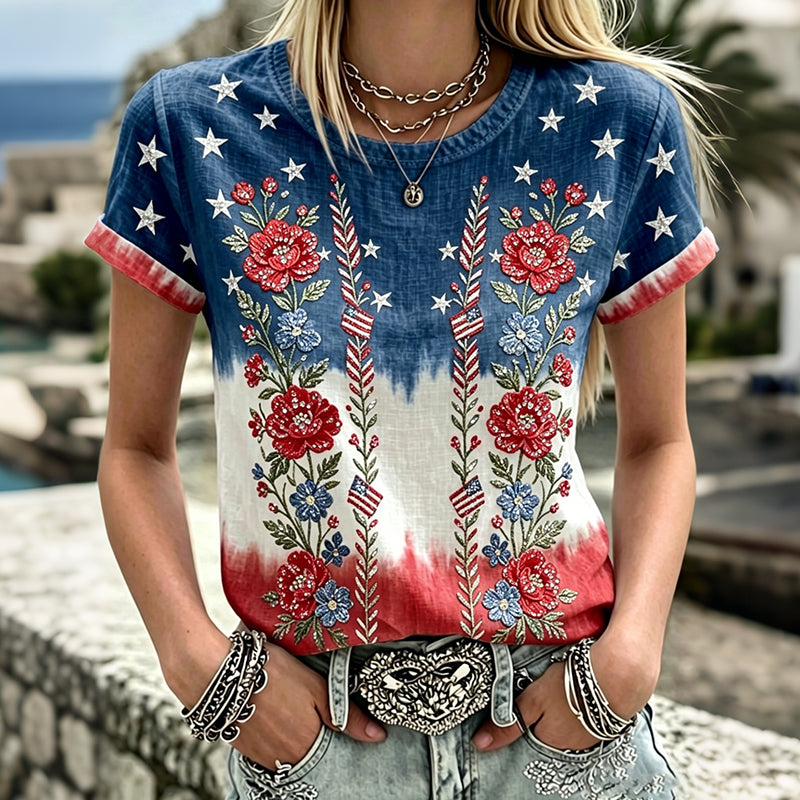 Women's American Flag And Floral  Art Embroidered Cotton Linen Crew Neck Top