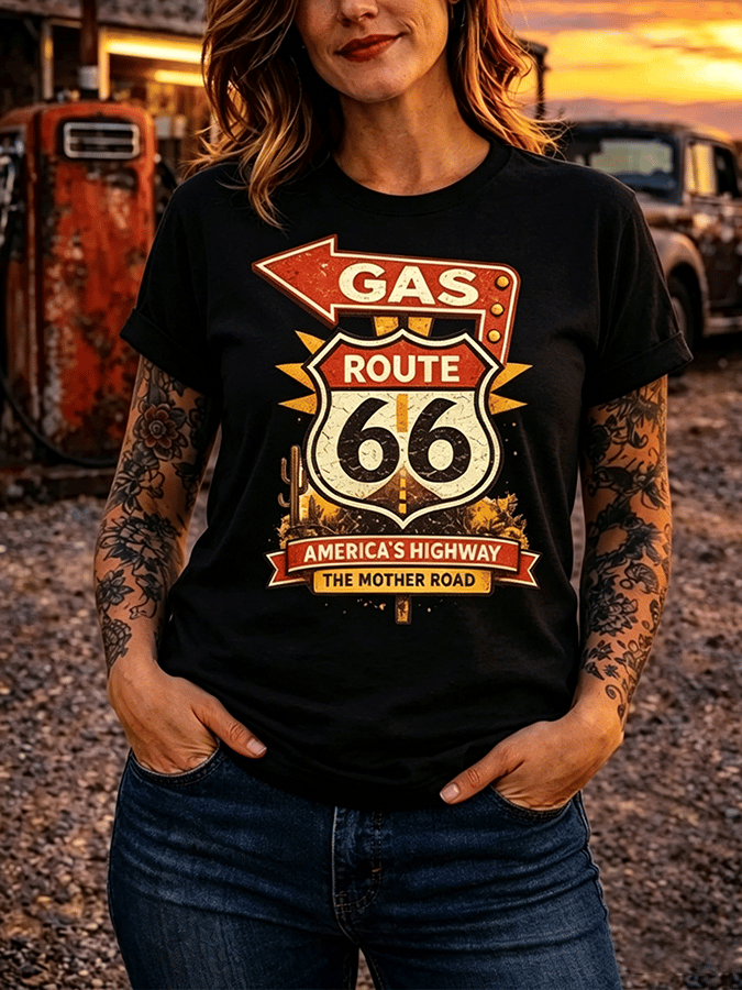 Women's Retro Short-Sleeve Cotton T-Shirt - Route 66, The Mother Road