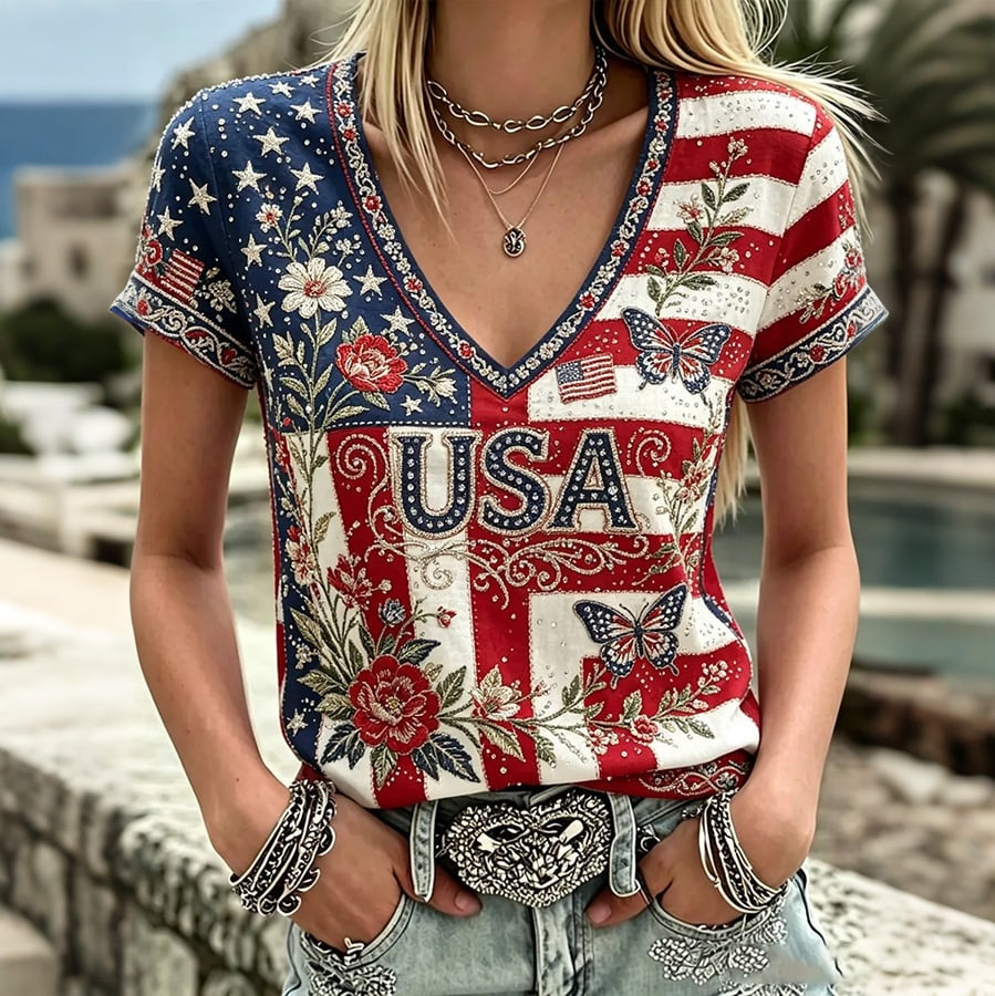 Women's Vintage Anniversary Flag Flower Art Print V Neck Linen Blend T-shirt