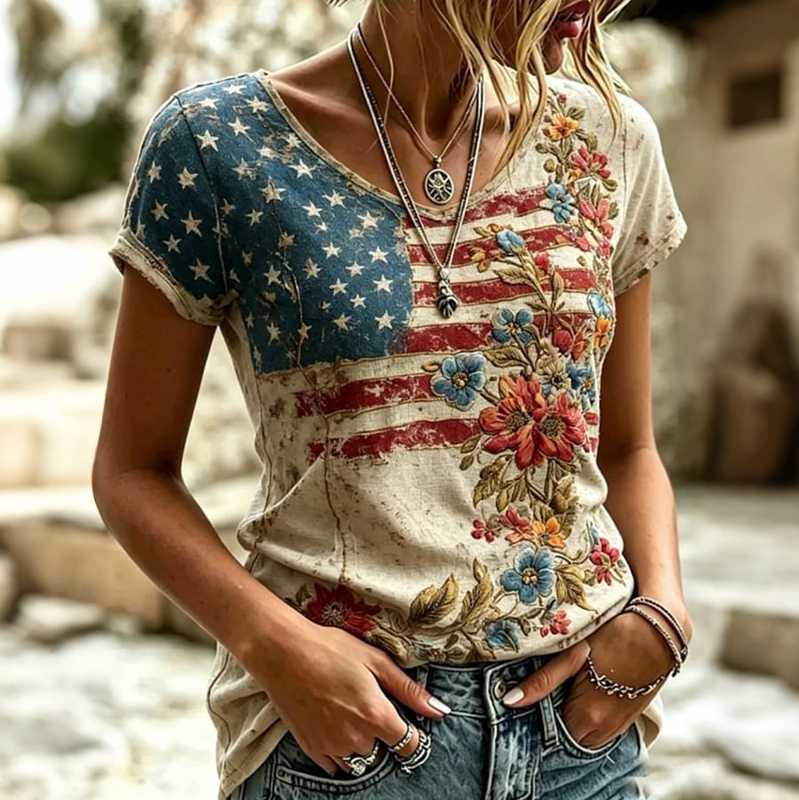 Women's Vintage Flag Flower Art Print Short Sleeve T-shirt