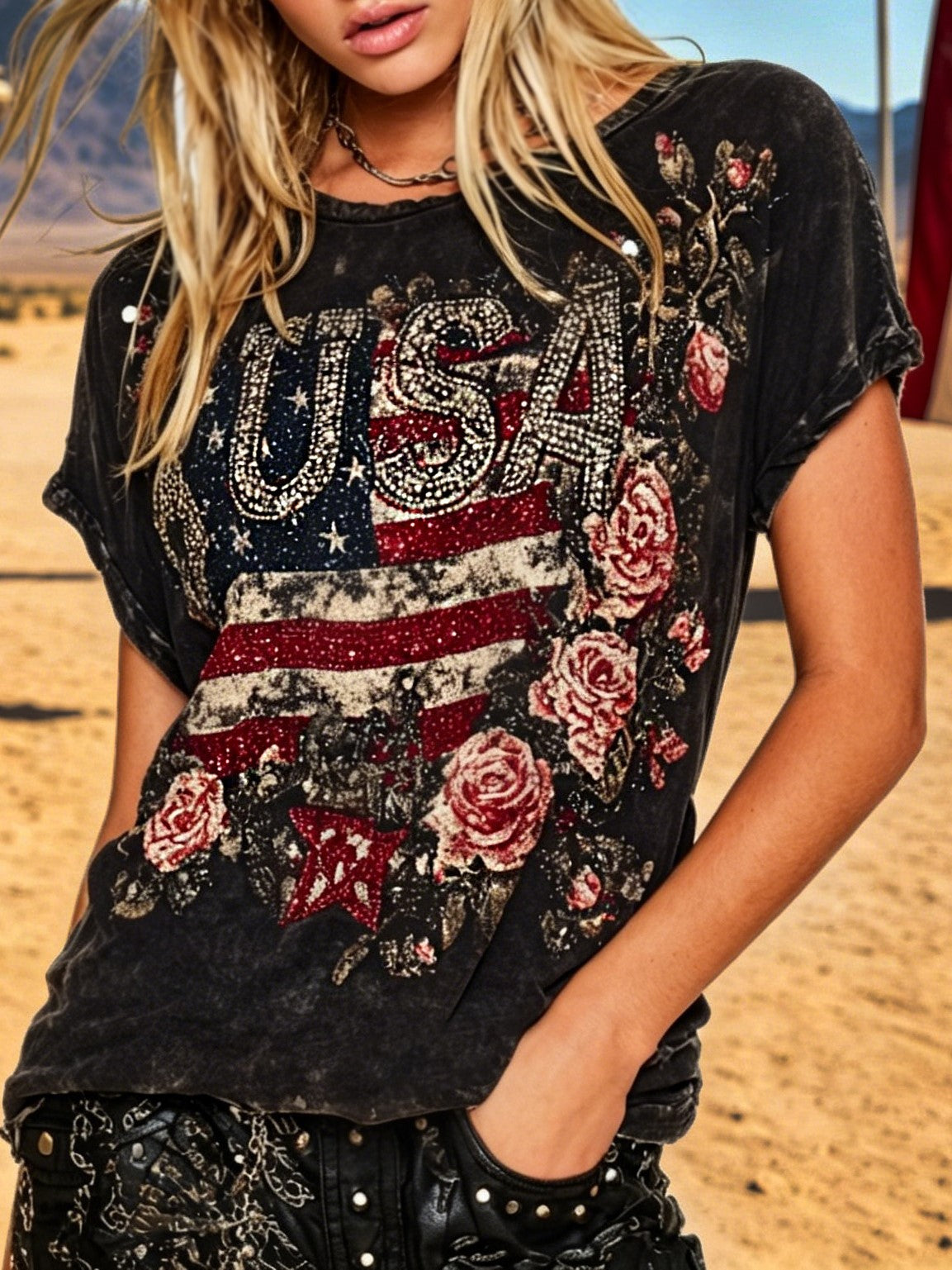 Women's Retro American Flag Floral Sequin Print Cotton Linen Comfortable T-shirt