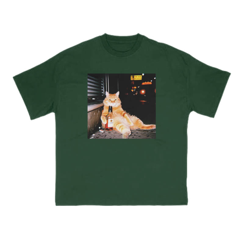 Orange Cat Sipping Beer Print T-shirt