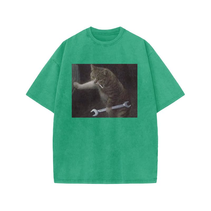 Unisex 100% Cotton Overlord Cat Print Acid Washed T-shirt