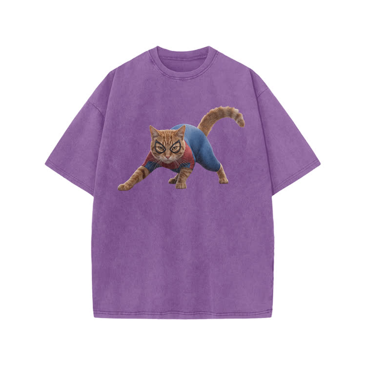 Vintage Hero Cat Graphic Print Acid Washed T-shirt