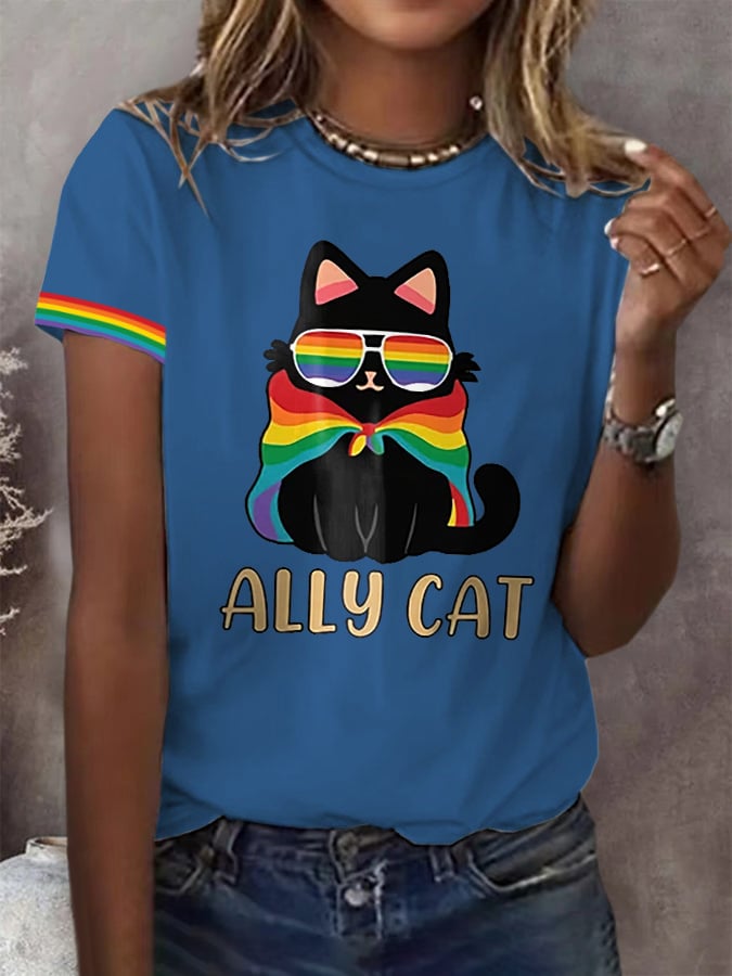 Women's Pride Month Rainbow Ally Cat print Short Sleeve T-Shirt