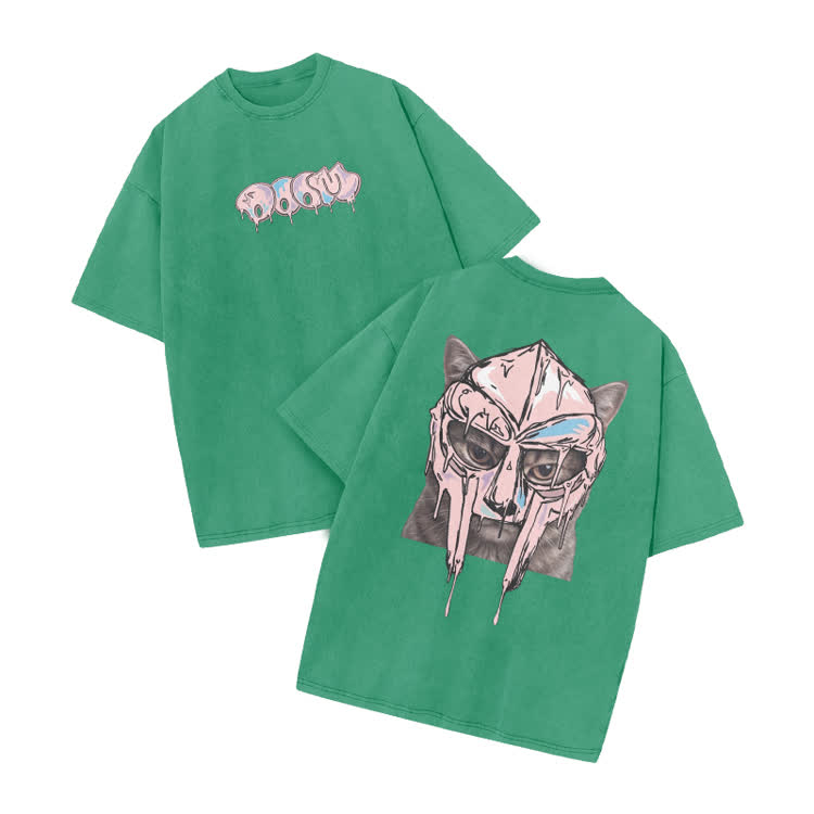 Washed Graffiti Cat Mask Graphic Print Acid Washed T-shirt