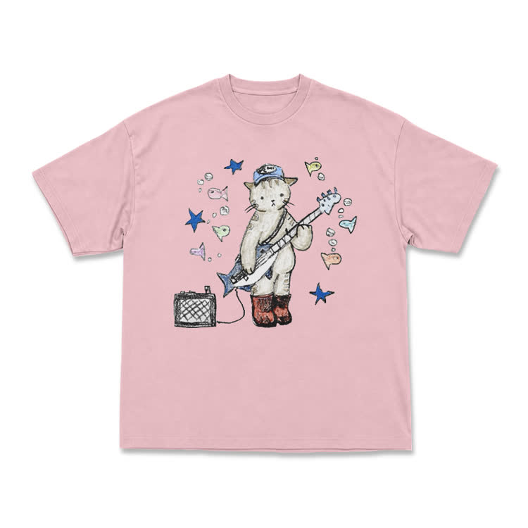Artistic Star and Fish Guitar Cat Illustration T-Shirt