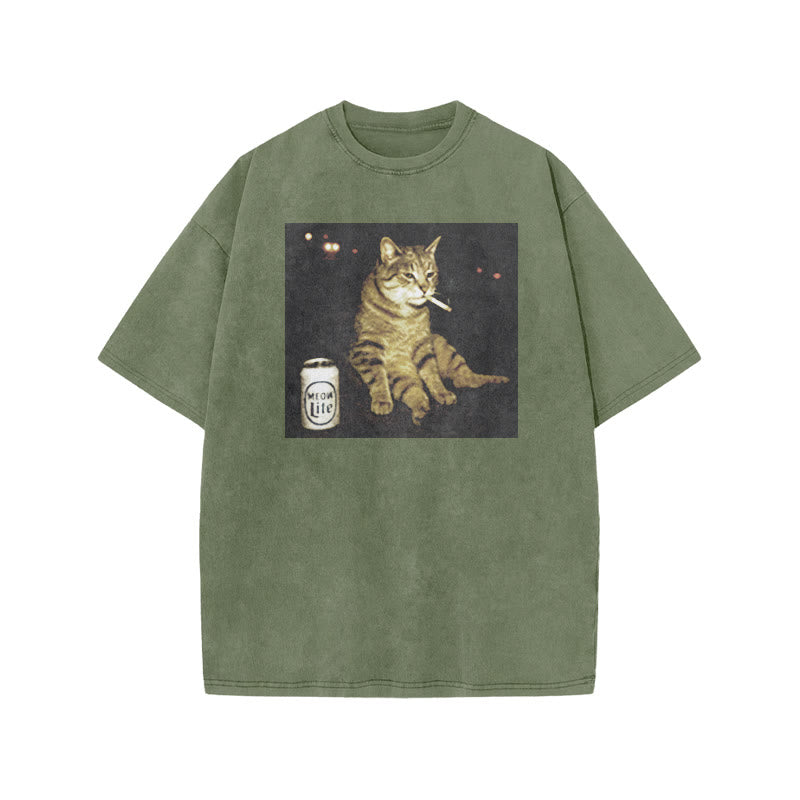 The Decadent Smoking Cat Meow Lite Beer Print Acid Washed T-shirt