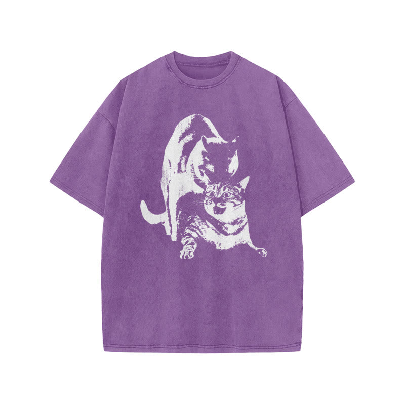 Viral Cat Meme Print Acid Washed T-shirt