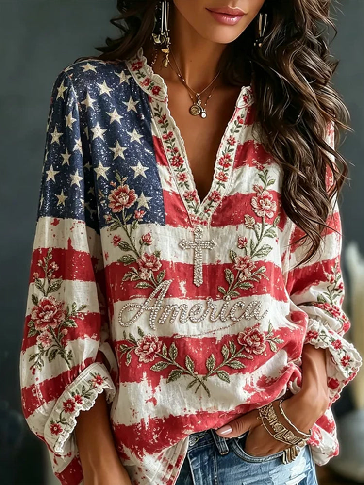 Women's Distressed American Flag And Floral Art Embroidered Rhinestone Comfortable Cotton Linen Casual V-neck Long Sleeve Top