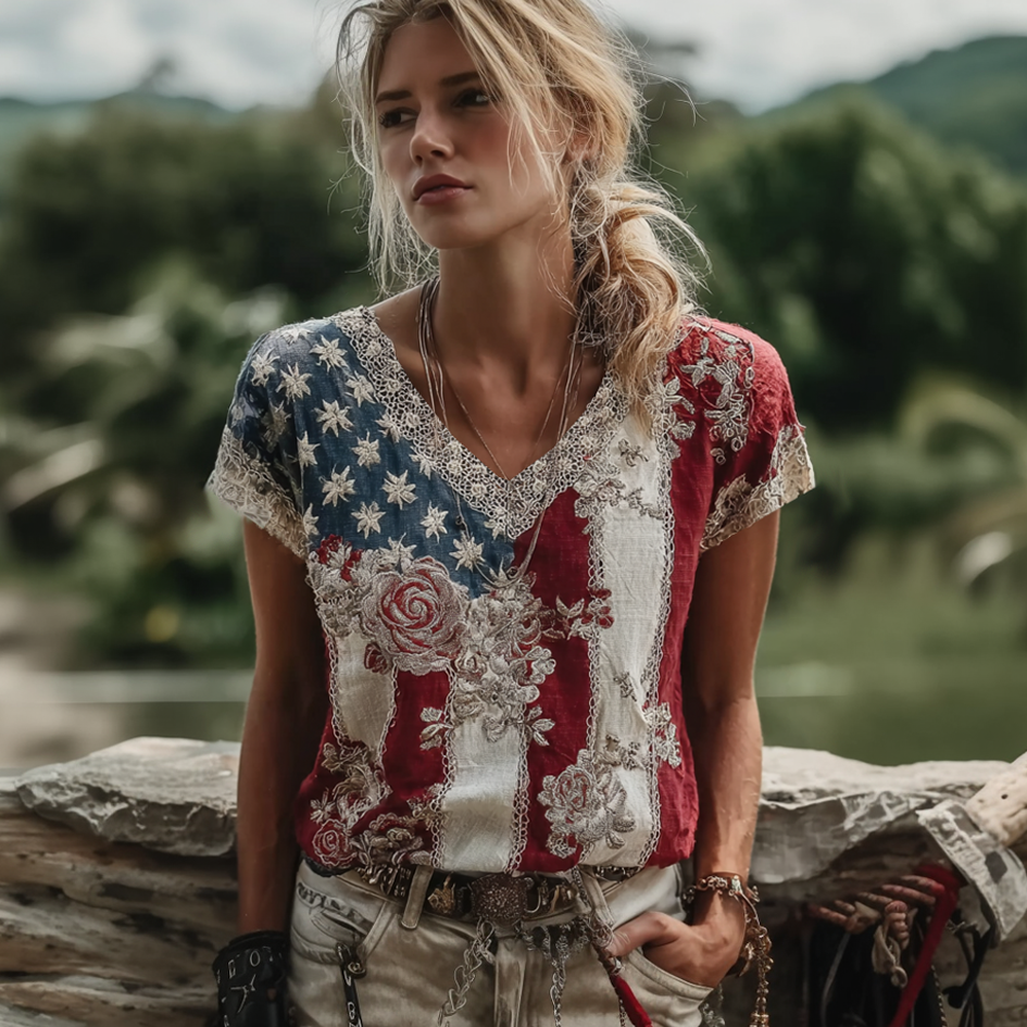 Women's Retro American Flag Element Plant Flower Embroidery Lace Patchwork Design Short-sleeve Top