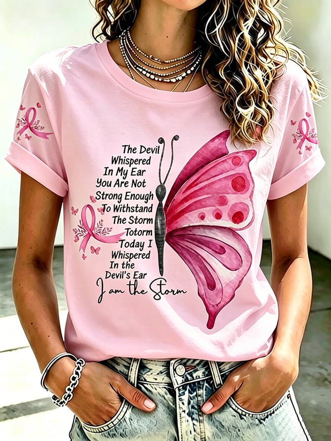 Women's Retro Flower Breast Cancer Awareness Printed T-Shirt