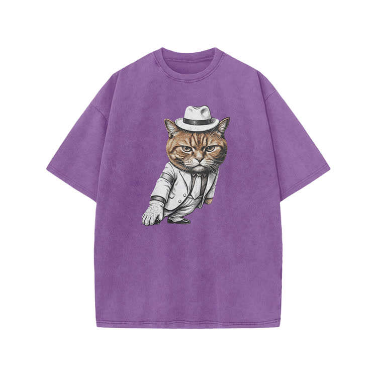Vintage Gentleman Cat Graphic Print Acid Washed T-shirt