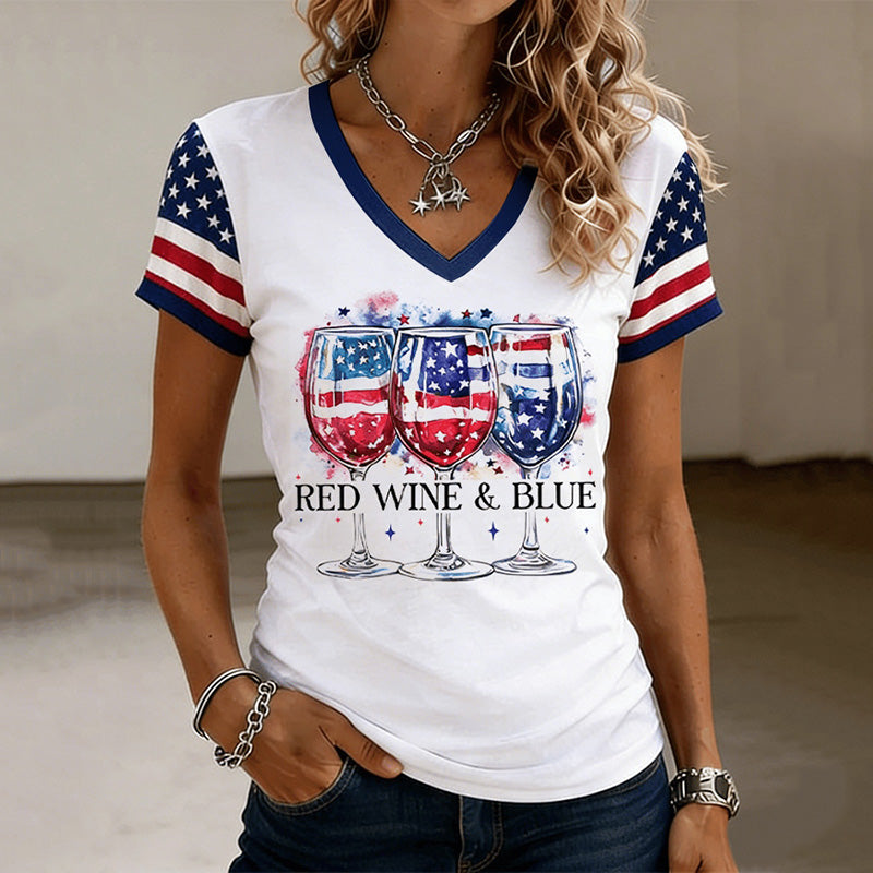 Women's Independence Day Wine Glass Flag Art V-neck Short Sleeve T-shirt