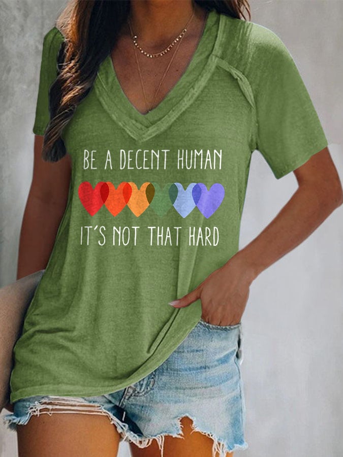 V-Neck Retro Be A Decent Human It's Not That Hard Print T-Shirt