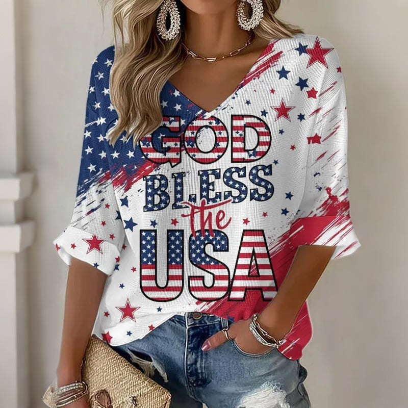 Women's Vintage Flag God Bless Usa Art  Three-quarter Sleeve V Neck Linen Tops