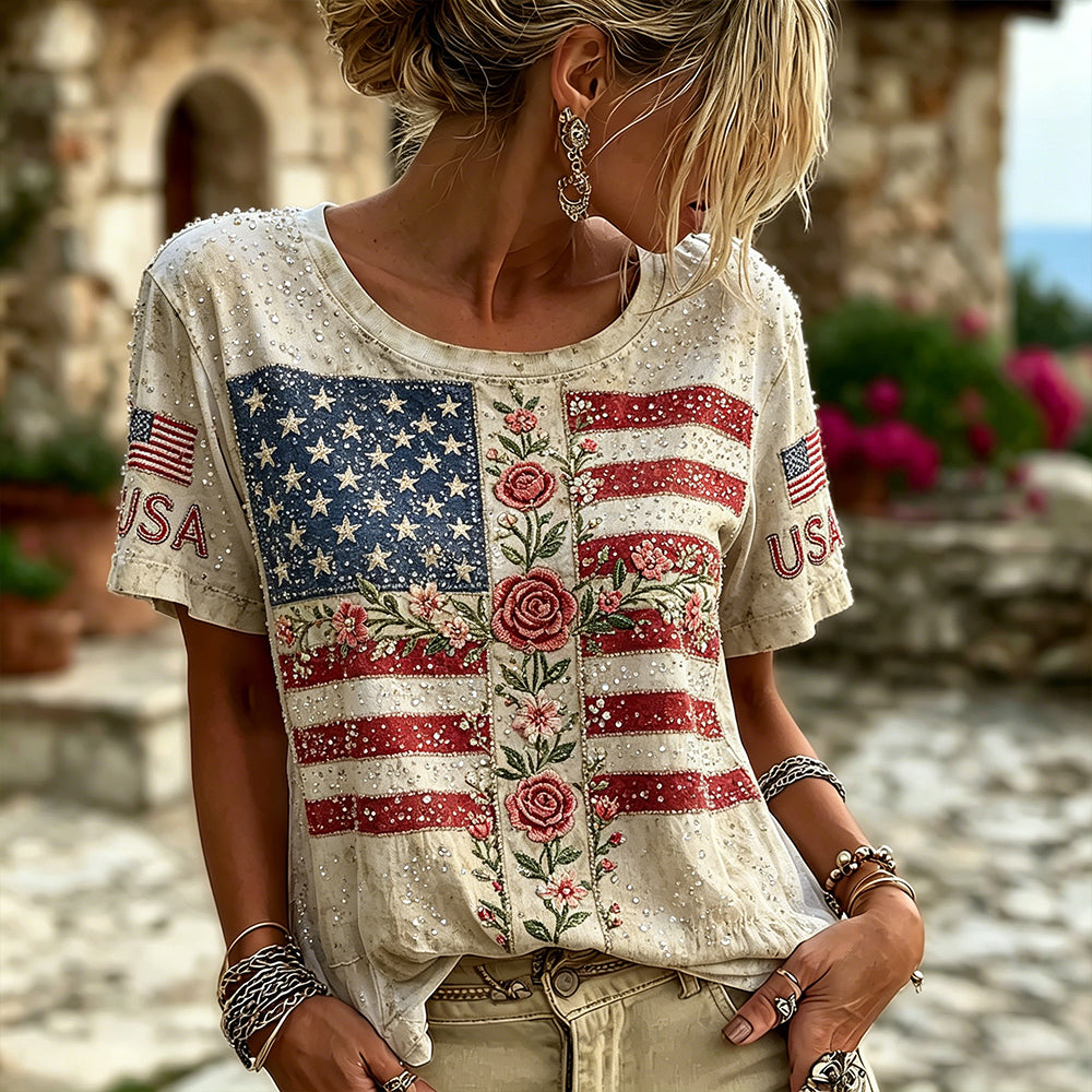 Women's American Flag And Cross Art Embroidered Cotton Linen Distressed Crew Neck Top