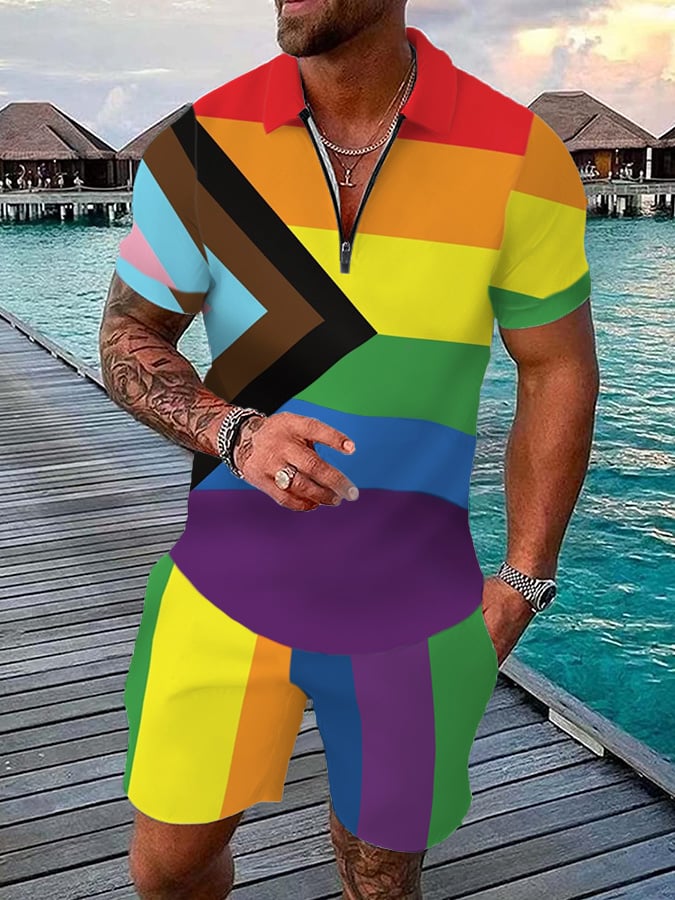 Men's Rainbow Short Sleeve Casual POLO Shirt Shorts Set