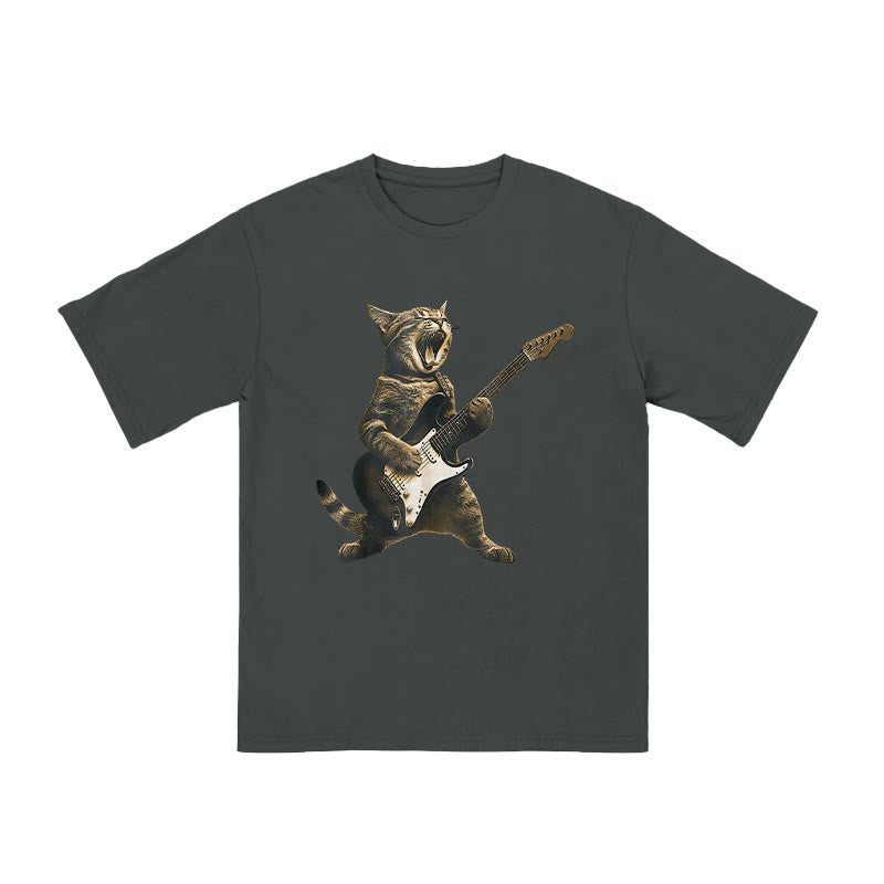 Unisex Rock Cat Playing Guitar Print T-shirt