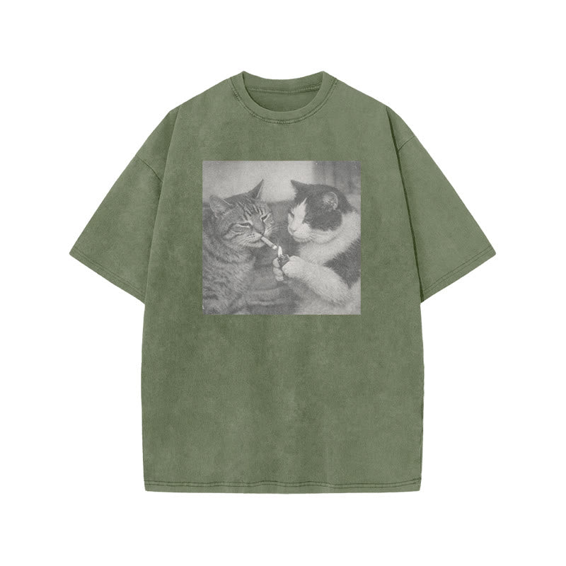 Cow Cat Lighting For Tabby Cat Print Acid Washed T-shirt