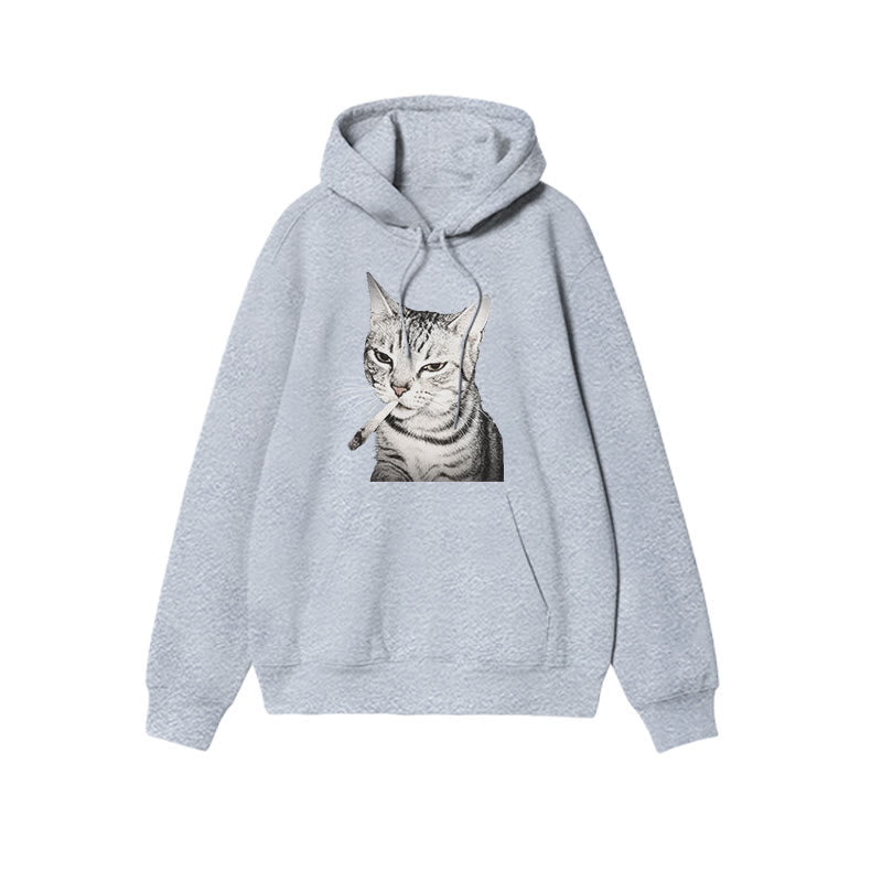 Tabby Cat With A Cigarette In Its Mouth Print Causal Hoodie