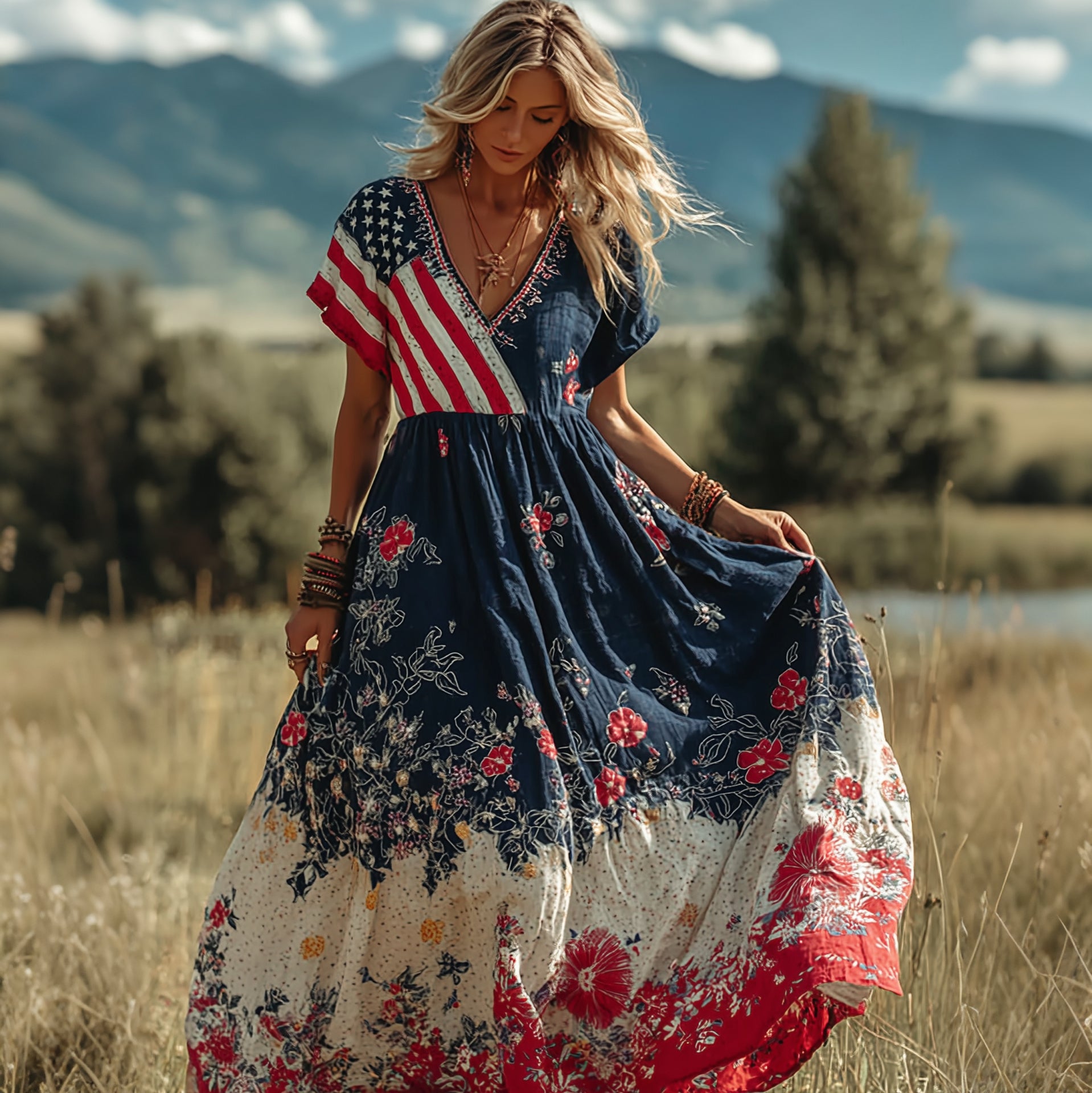 Women's Floral Flag Design Contrast Print Maxi Dress