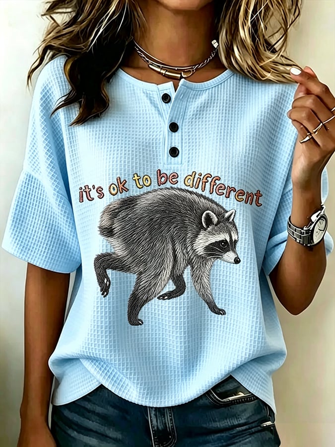 Women's Jimothy Raccoon Seattle Printing Waffle Short Sleeved Shirt