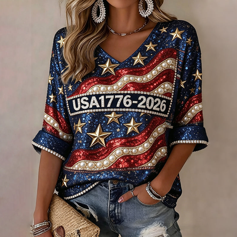 Women's Usa Anniversary Sequins Printing Casual T-shirt