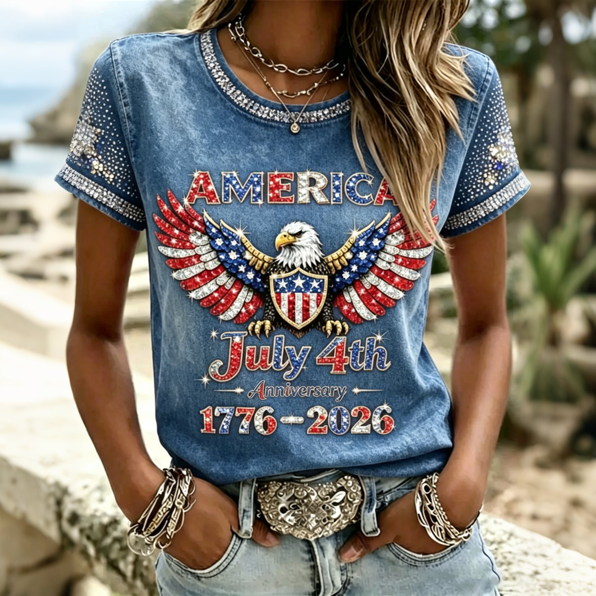 Women's American Anniversary Hot Drill Design T-shirt