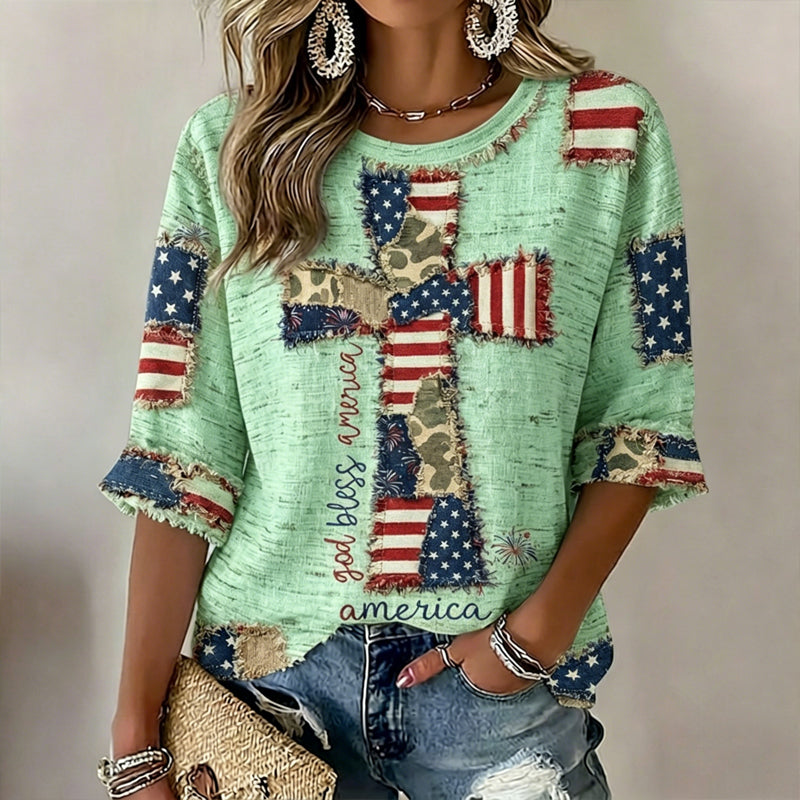 Women's  Flag In Faith Art Three-quarter Sleeve V Neck Linen Tops