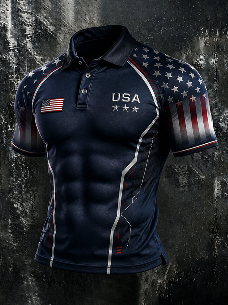 Men's Retro Independence Day Flag With Line Art Short Sleeve Polo Shirt