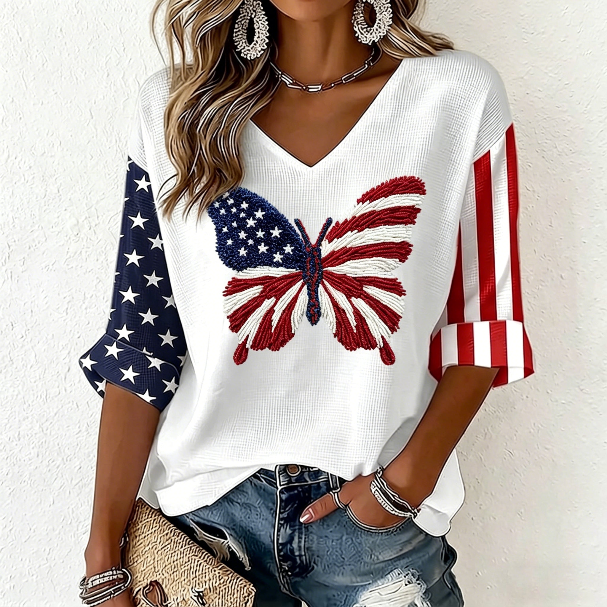 Women's  Butterfly Flag Art Three-quarter Sleeve V Neck Linen Tops