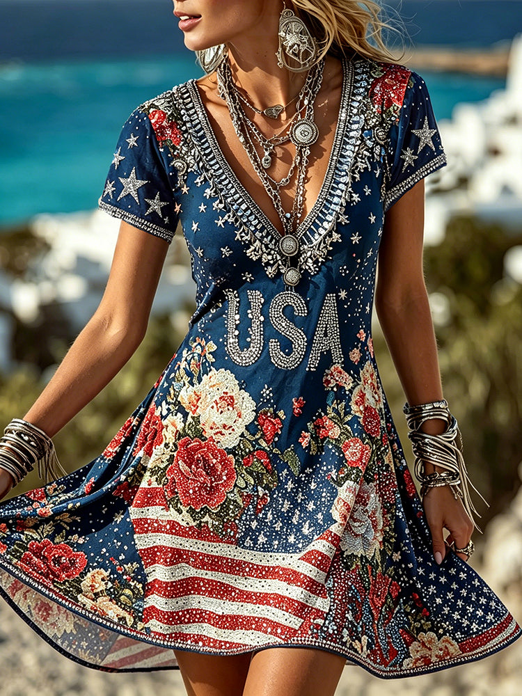 Women's America Hot Drill Floral Art Print Casual V-neck Mini Dress