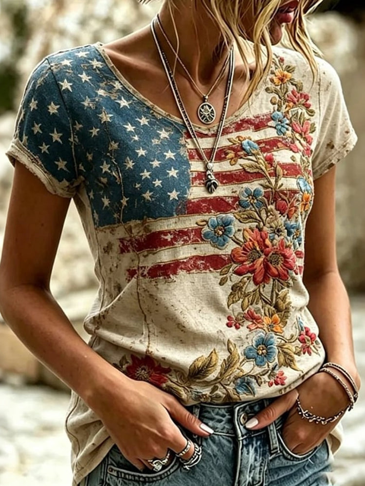 Women's Vintage Flag Flower Art Print Short Sleeve T-shirt
