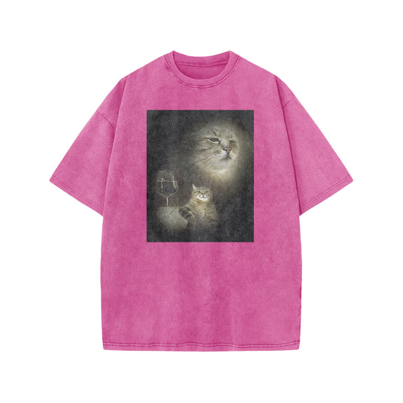 Unisex Cat And Wine Print Acid Washed T-shirt
